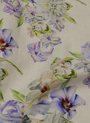 Лен (н) сине-серо-бежевый цветочный рисунок на белом - в интернет-магазине тканей Тессутидея арт. 16-0855