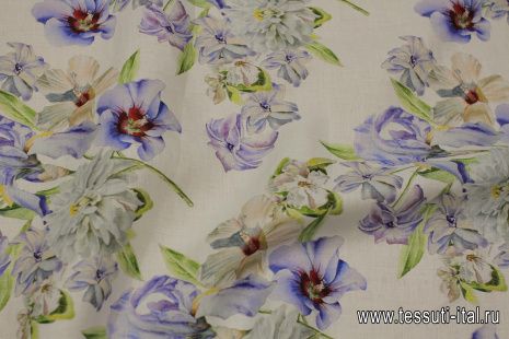 Лен (н) сине-серо-бежевый цветочный рисунок на белом - итальянские ткани Тессутидея арт. 16-0855