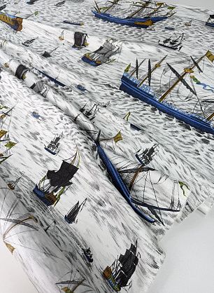 Шелк твил (н) корабли на бело-сером - в интернет-магазине тканей Тессутидея арт. 10-4678