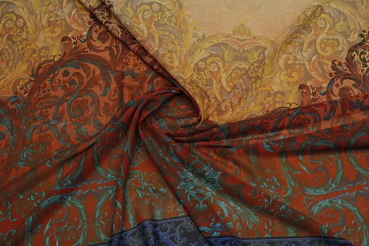 Батист (н) молочно-красный рисунок и синий бордюр - итальянские ткани Тессутидея арт. 01-7727