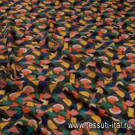 Крепдешин (н) разноцветные геометрические фигуры на хаки - итальянские ткани Тессутидея арт. 10-2714