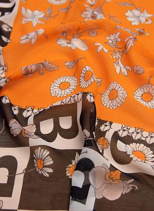 Шифон Burberry купон (1,45м) (н) буква "В" и цветы на оранжевом - в интернет-магазине тканей Тессутидея арт. 10-2061