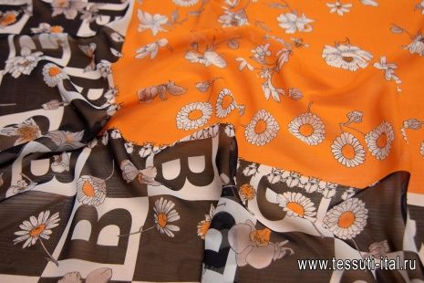 Шифон Burberry купон (1,45м) (н) буква "В" и цветы на оранжевом - итальянские ткани Тессутидея арт. 10-2061