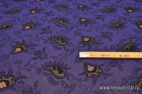 Шифон с вышивкой (н) черный орнамент на темно-синем - итальянские ткани Тессутидея арт. 02-8165