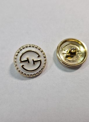 Пуговица металл золото на ножке d-18мм белая с логотипом - итальянские ткани Тессутидея F-5787