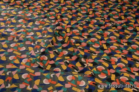 Крепдешин (н) разноцветные геометрические фигуры на хаки - итальянские ткани Тессутидея арт. 10-2714