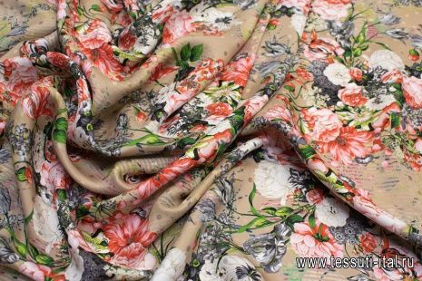 Шелк дама (н) цветочно-ягодный орнамент на бежевом в стиле Ungaro - итальянские ткани Тессутидея арт. 10-0602