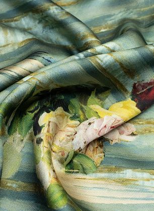 Плательная (н) цветочный орнамент на сине-зелено-коричневой стилизованной полоске - в интернет-магазине тканей Тессутидея арт. 03-5927