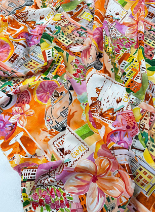 Плательная вискоза (н) итальянский городской пейзаж на розовом - в интернет-магазине тканей Тессутидея арт. 04-1864