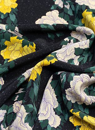 Крепдешин (н) желто-бежевые цветы на черном меланже - в интернет-магазине тканей Тессутидея арт. 02-8795