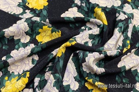 Крепдешин (н) желто-бежевые цветы на черном меланже - итальянские ткани Тессутидея арт. 02-8795