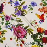 Шелк твил (н) цветочно-ягодный рисунок, насекомые и рыбы на белом - итальянские ткани Тессутидея арт. 10-3847