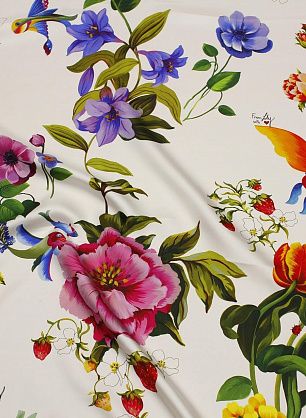 Шелк твил (н) цветочно-ягодный рисунок, насекомые и рыбы на белом - в интернет-магазине тканей Тессутидея арт. 10-3847