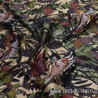 Шелк атлас стрейч (н) попугаи на растительном рисунке - итальянские ткани Тессутидея арт. 10-2572