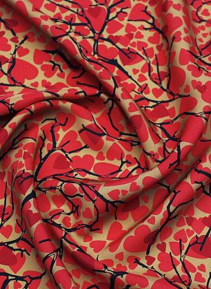Крепдешин (н) черные ветки и красные сердца на бежевом - в интернет-магазине тканей Тессутидея арт. 10-4058