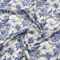 Шелк твил (н) сине-голубой растительный рисунок и птицы - итальянские ткани Тессутидея арт. 10-3803