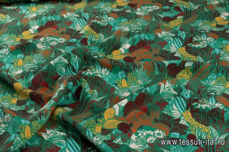 Шелк атлас (н) зелено-коричневый растительный рисунок - итальянские ткани Тессутидея арт. 10-2719