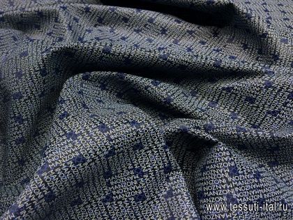 Подкладочная жаккардовая (н) сине-белая надпись Manzoni на темно-синем - итальянские ткани Тессутидея арт. 08-0843