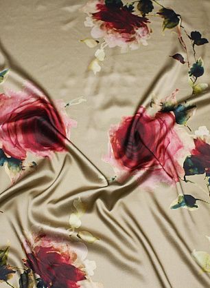 Шелк атлас стрейч купон (1м) (н) розы на бежево-коричневом - в интернет-магазине тканей Тессутидея арт. 10-3726