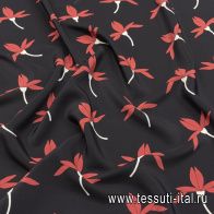 Крепдешин (н) бело-терракотовый цветочный рисунок на черном - итальянские ткани Тессутидея арт. 10-2775