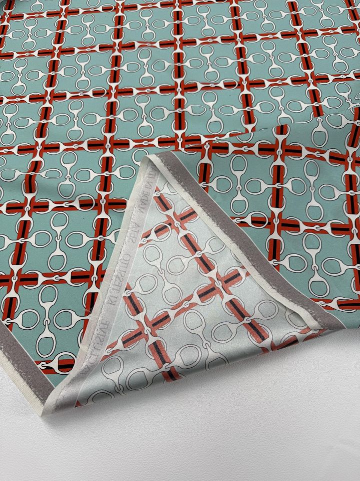 Шелк атлас стрейч (н) черно-бело-оранжевый рисунок на тиффани - итальянские ткани Тессутидея арт. 10-4866