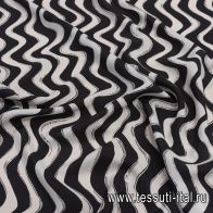 Крепдешин (н) белые стилизованные волны на черном - итальянские ткани Тессутидея арт. 10-2567