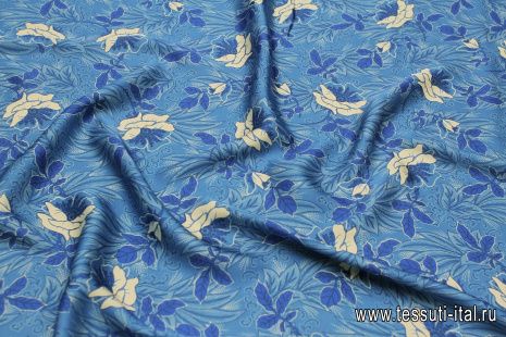 Плательная вискоза (н) сине-бело-голубой растительный рисунок - итальянские ткани Тессутидея арт. 04-1615