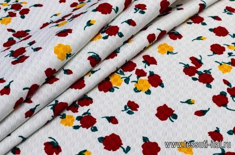 Жаккард (н) красно-желто-зеленый цветочный орнамент на белом - итальянские ткани Тессутидея арт. 01-4926