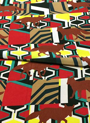 Крепдешин (н) лисы на ярком геометрическом орнаменте - в интернет-магазине тканей Тессутидея арт. 02-7865