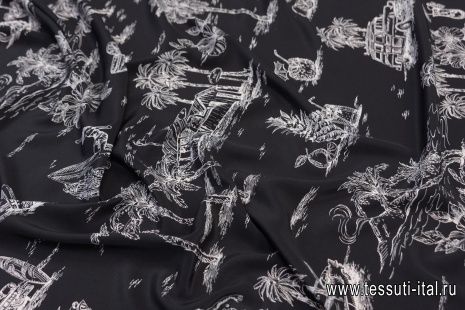 Крепдешин (н) белый гавайский принт на черном в стиле №21 - итальянские ткани Тессутидея арт. 10-2356