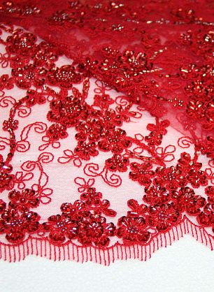 Кружево на сетке расшитое стеклярусом и паетками (о) красное ш-130см - в интернет-магазине тканей Тессутидея арт. 03-3299