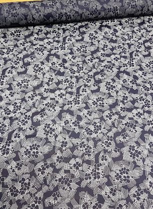 Сорочечная вискоза (н) белый цветочный орнамент на темно-синем - в интернет-магазине тканей Тессутидея арт. 01-3444