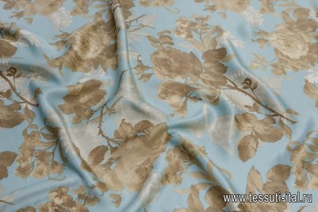Шелк атлас (н) бежево-коричневый цветочный рисунок на голубом - итальянские ткани Тессутидея арт. 10-2462
