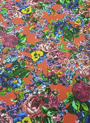 Плательная (н) яркий цветочный орнамент на кирпичном - в интернет-магазине тканей Тессутидея арт. 04-1326
