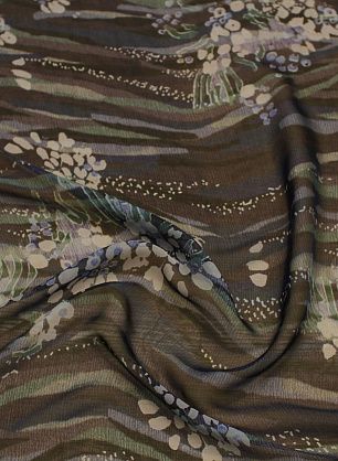 Шифон (н) бело-голубая растительная абстракция на черно-синей стилизованной полоске - в интернет-магазине тканей Тессутидея арт. 10-3927