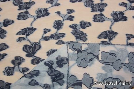 Органза деворе (н) синий цветочный орнамент на белом ш-150см - итальянские ткани Тессутидея арт. 03-3753