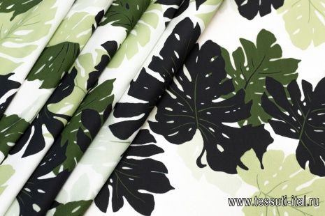 Хлопок (н) черно-зеленый растительный орнамент на белом - итальянские ткани Тессутидея арт. 01-5222