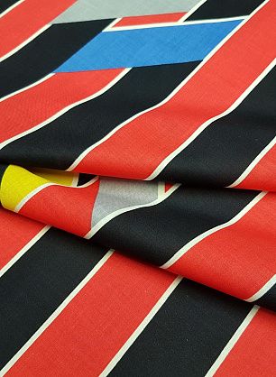 Плательная (н) серо-желто-голубой геометрический орнамент на красно-черной полоске - в интернет-магазине тканей Тессутидея арт. 01-4153