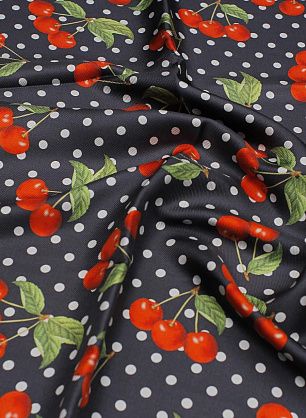 Шелк твил (н) белый горох и вишни на черном - в интернет-магазине тканей Тессутидея арт. 10-3419