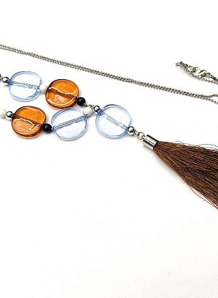 Подвеска металл серебро на цепочке с коричнево-голубыми камнями и кисточкой 50см - итальянские ткани Тессутидея F-6174