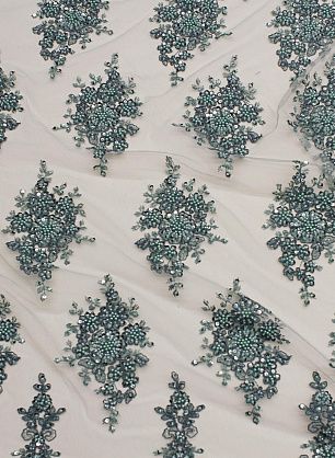 Кружевное полотно расшитое жемчугом, стеклярусом и пайетками (о) серо-зеленое - в интернет-магазине тканей Тессутидея арт. 03-6942