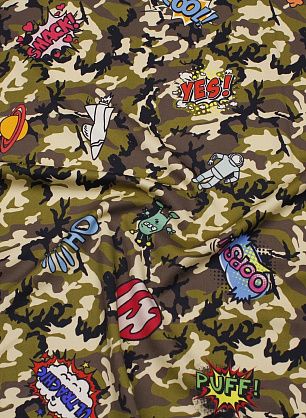 Плательная стрейч (н) мультипликационные герои на орнаменте милитари - в интернет-магазине тканей Тессутидея арт. 17-1052