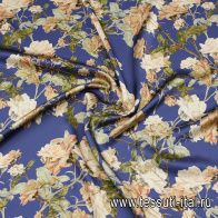 Шелк атлас (н) розы на темно-синем - итальянские ткани Тессутидея арт. 10-3823