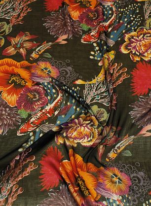 Шифон (н) цветы и рыбы на черном - в интернет-магазине тканей Тессутидея арт. 10-4051