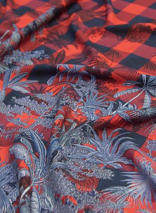 Лен+шелк (н) растительный принт на красно-синей клетке - в интернет-магазине тканей Тессутидея арт. 16-0590