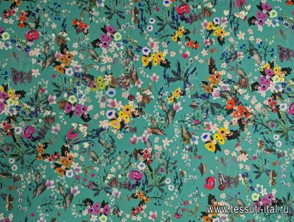 Шелк атлас стрейч (н) цветочный рисунок на бирюзовом - итальянские ткани Тессутидея арт. 10-3065