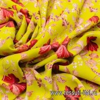 Крепдешин купон (1,38м) (н) красно-розовый растительный орнамент на желтом - итальянские ткани Тессутидея арт. 02-8417