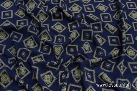 Крепдешин (н) бежевый геометрический орнамент на темно-синем в стиле Ralph Lauren - итальянские ткани Тессутидея арт. 10-2492