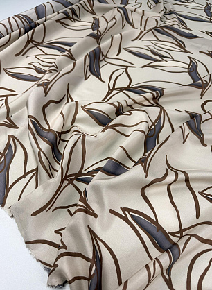 Крепдешин (н) коричневый растительный рисунок на бежевом - в интернет-магазине тканей Тессутидея арт. 10-5078