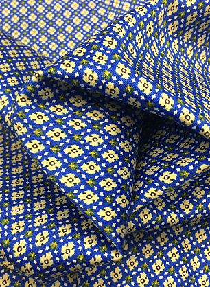 Сорочечная стрейч (н) мелкий бежево-горчичный орнамент на ярко-голубом ш-150см - в интернет-магазине тканей Тессутидея арт. 01-3064